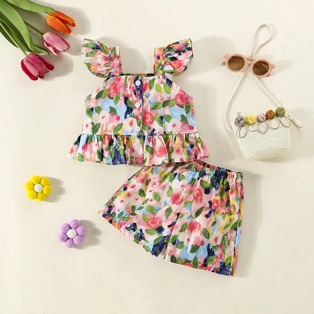 Conjunto de verano de 2 piezas con tirantes y pantalones cortos para niña, Top con tirantes de manga voladora pequeña con estampado de tulipán de dibujos animados