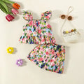 Conjunto de verano de 2 piezas con tirantes y pantalones cortos para niña, Top con tirantes de manga voladora pequeña con estampado de tulipán de dibujos animados