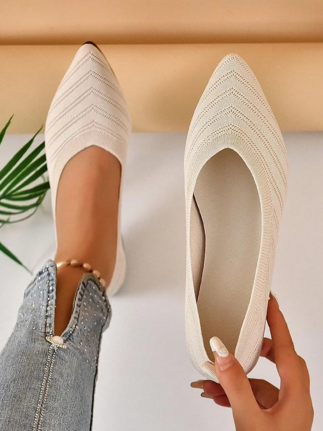 Zapatos planos con punta estrecha para mujer, zapatos sin cordones tejidos de Color sólido, bailarinas informales transpirables, zapatos planos para mujer, mocasines para mujer