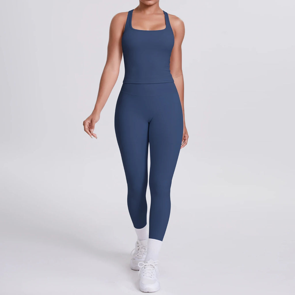 Hamidou - Conjunto de yoga de 2 piezas para mujer: leggings de fitness de secado rápido con efecto push-up y top deportivo con espalda en I de color liso.