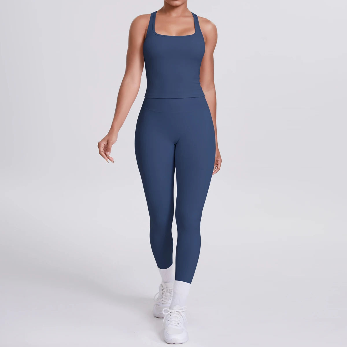 Hamidou - Conjunto de yoga de 2 piezas para mujer: leggings de fitness de secado rápido con efecto push-up y top deportivo con espalda en I de color liso.