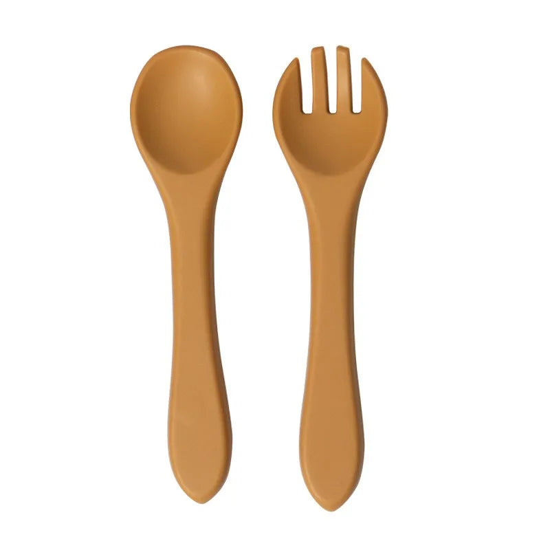 Juego de Cuchara y Tenedor de Silicona de Grado Alimenticio para Bebés, Utensilios de Alimentación para Niños Pequeños con Mango Largo y Cabeza Suave para Alimentos Infantiles