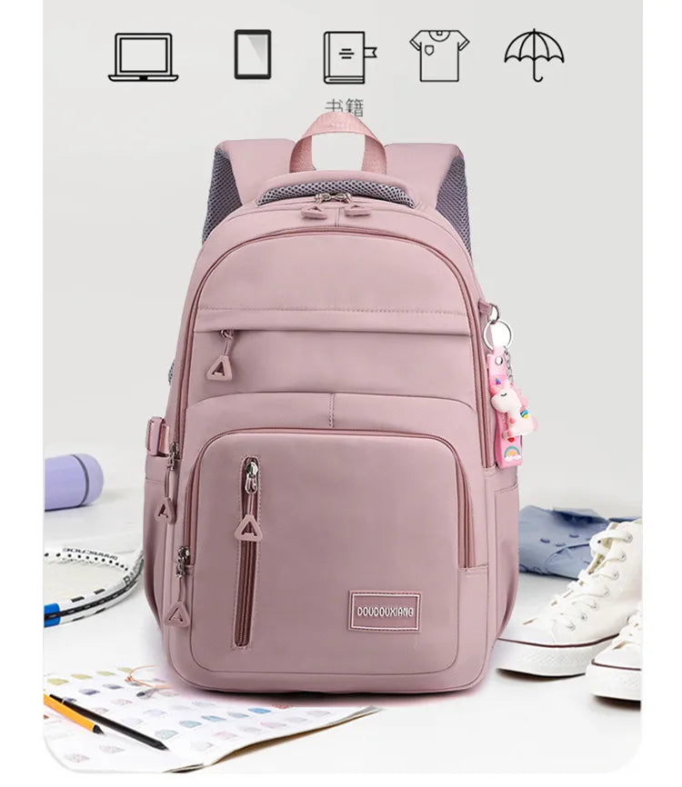 Mochila escolar de nailon con colgante para niñas, de viaje con múltiples bolsillos morral, impermeable, informal, estilo Simple
