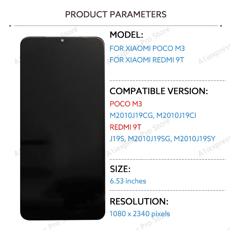 Pantalla LCD de 6,53 pulgadas para Xiaomi Poco M3 Redmi 9T LCD MONTAJE DE digitalizador con pantalla táctil con marco M2010J19CG piezas de repuesto para reparación