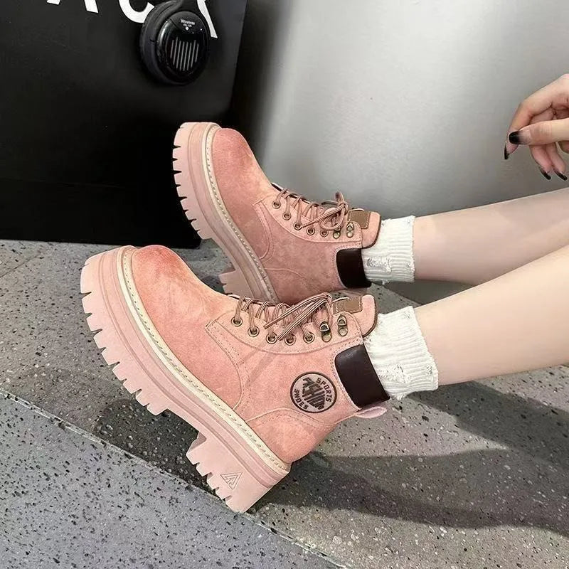 Botas cortas de tacón medio para mujer, zapatos altos a la moda, nuevos botines cómodos con cordones para ocio al aire libre para otoño e invierno