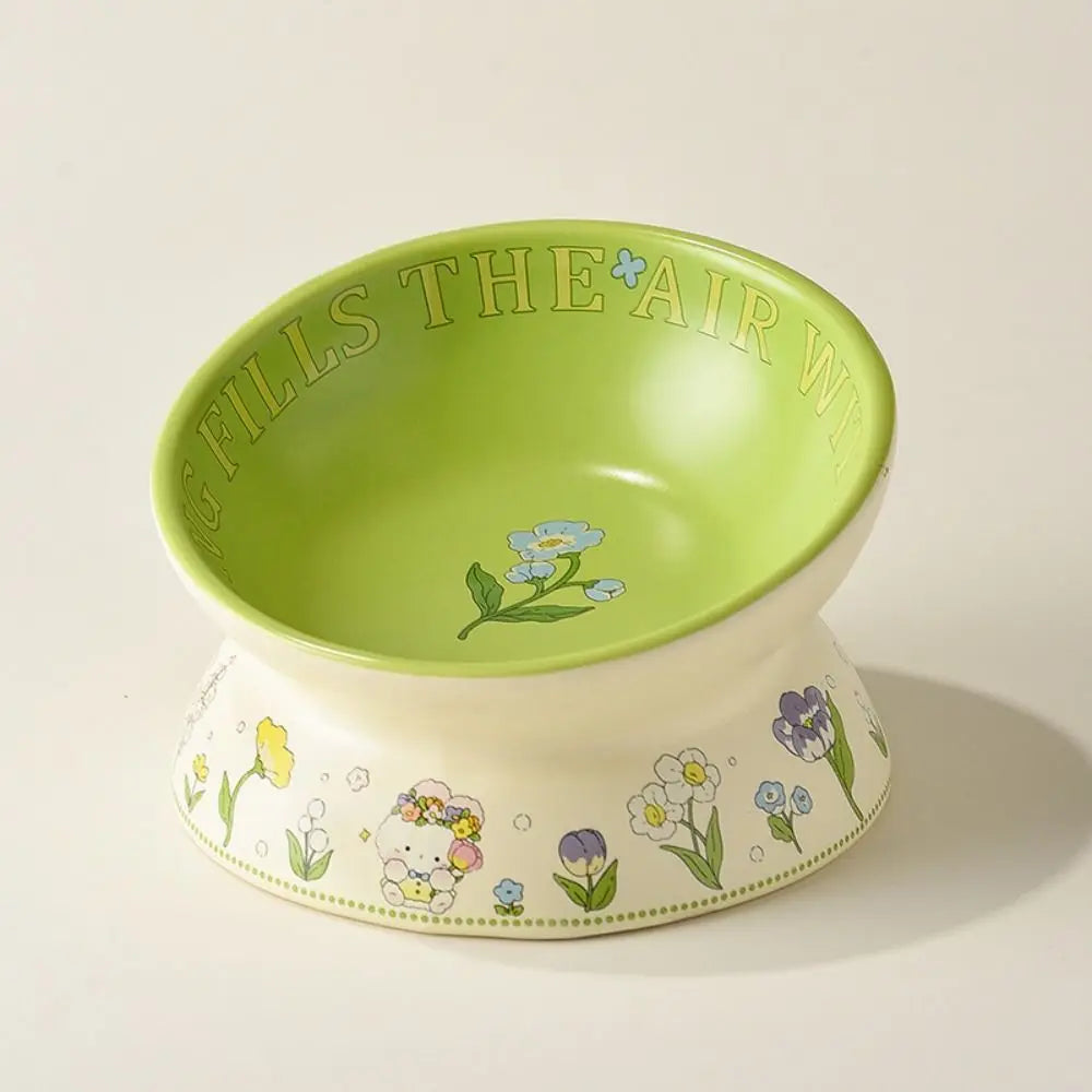 Tazón de cerámica verde duradero para gatos, tazón antideslizante con diseño de conejo y flores, tazón elevado diagonal para beber y alimentar.