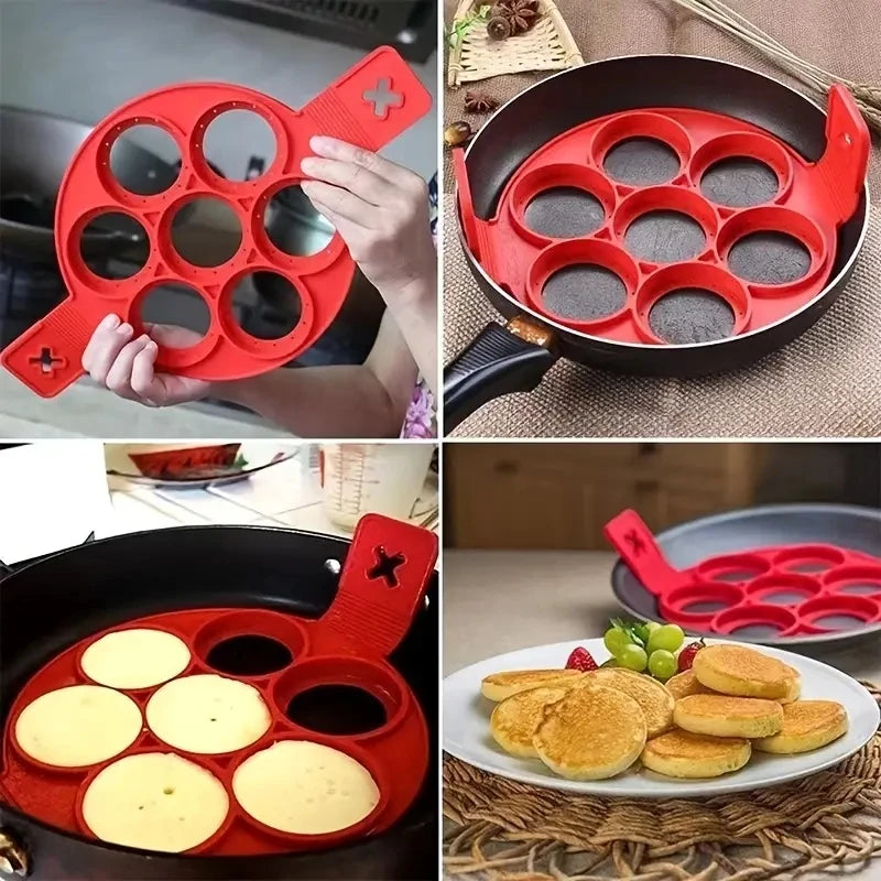 Molde de silicona antiadherente de 7 cavidades para hornear, con mango apto para alimentos, para huevos fritos, tortitas y tortillas, herramienta de cocina para el hogar.