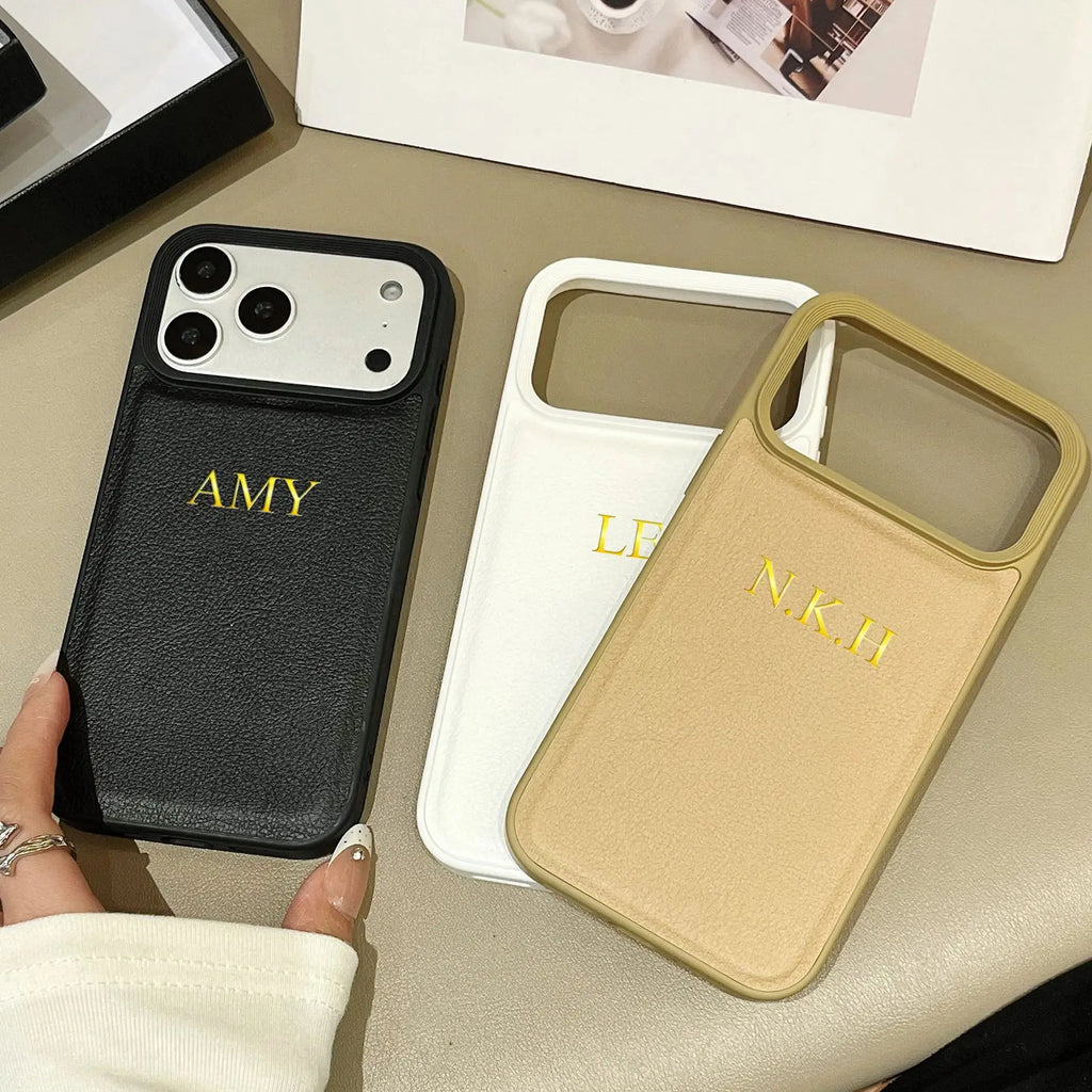Funda de piel sintética de lujo con nombre personalizado para iPhone 17 16 15 14 13 12 11 Pro Max Plus Air Hot Gold Foil letra grabada