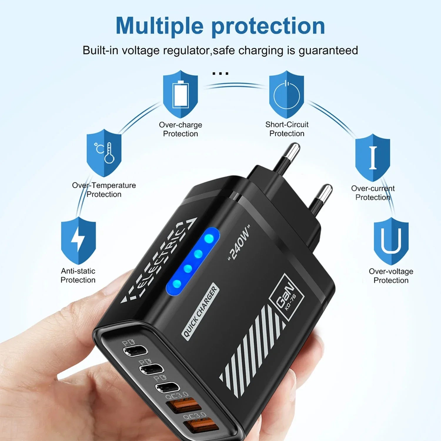 Cargador Rápido de Teléfono de 240W, Enchufe US/EU, QC3.0 PD USB, 5 Puertos, Cabezal de Carga GaN con Luz LED para iPhone 17 16, Samsung, Huawei