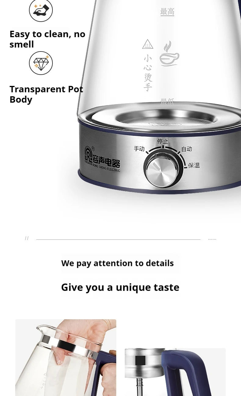 Tetera Rongsheng, pequeña tetera negra Pu erh, olla de salud de vidrio de vapor automática, tetera aislada, tetera eléctrica, tetera hirviendo
