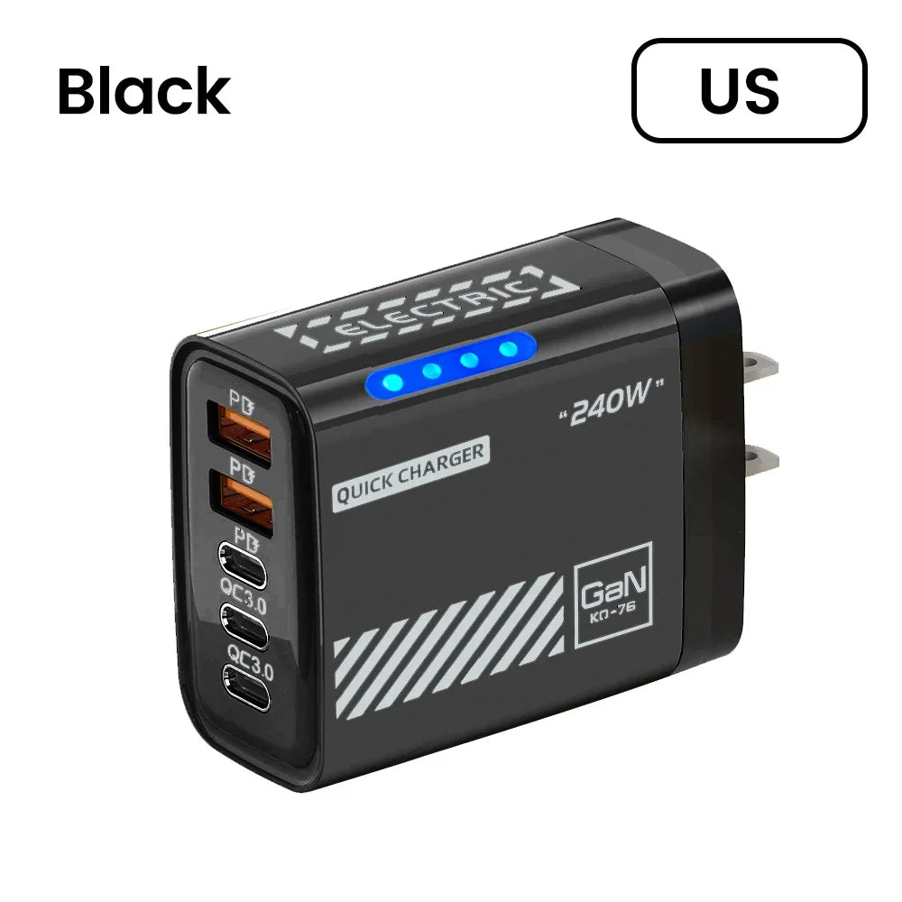 Cargador Rápido de Teléfono de 240W, Enchufe US/EU, QC3.0 PD USB, 5 Puertos, Cabezal de Carga GaN con Luz LED para iPhone 17 16, Samsung, Huawei