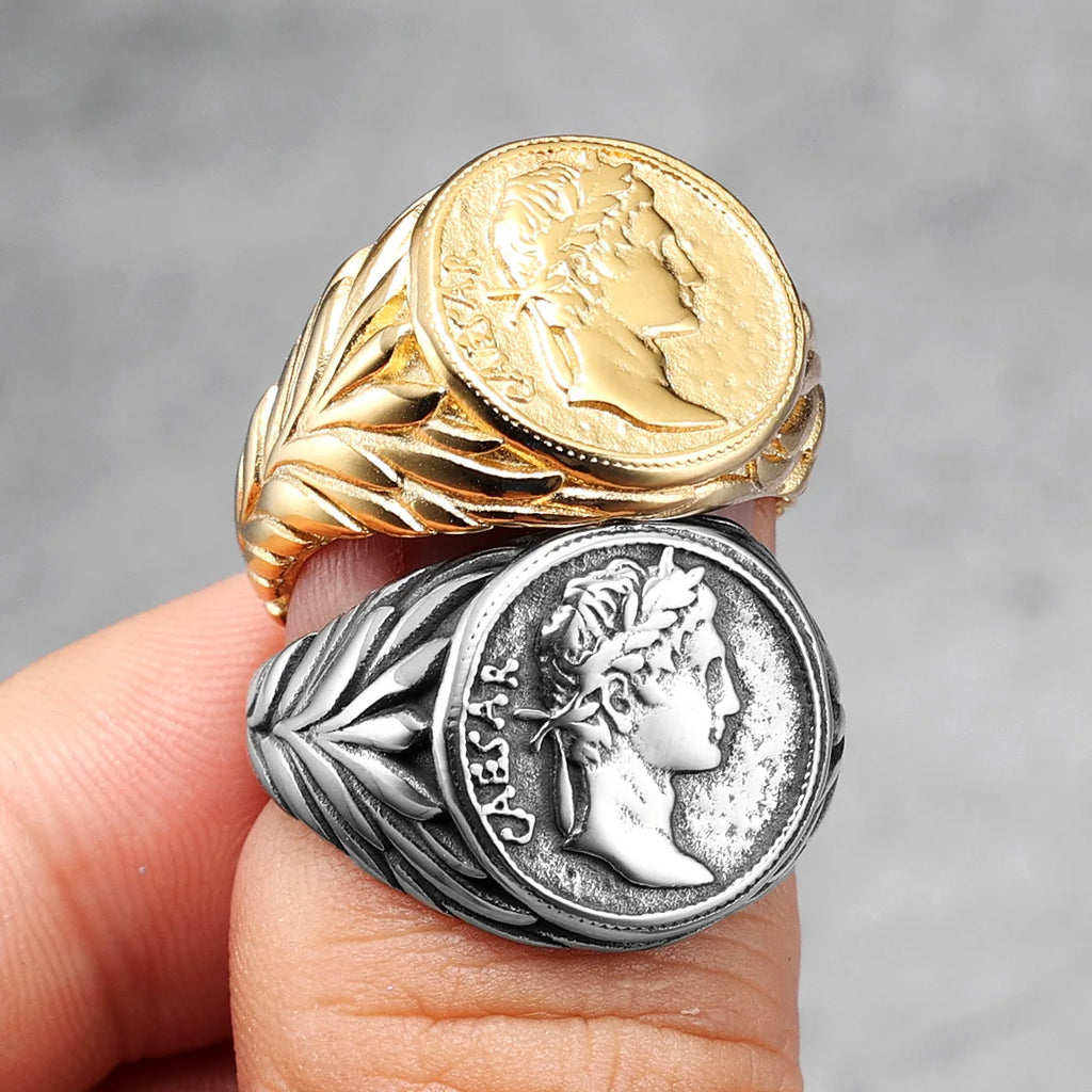 Anillo de cara César, anillos de acero inoxidable 316L para hombres, estatua de la victoria Roma, Punk Rock para motorista masculino, novio, joyería, regalo, triangulación de envíos