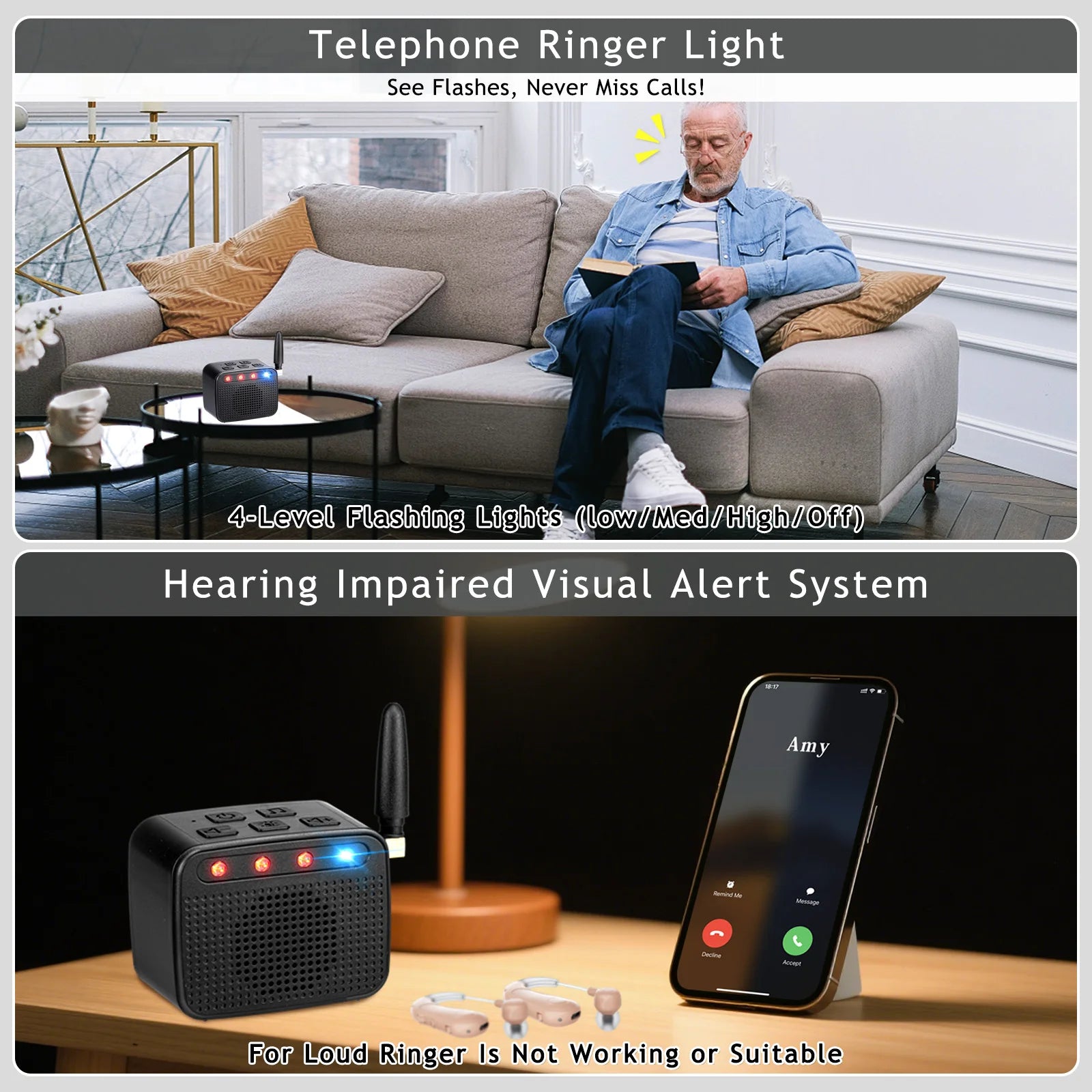 Timbre externo Earpanda para teléfono celular, timbre con luz para personas con discapacidad auditiva - Tonos de llamada de 120 dB, luz intermitente brillante