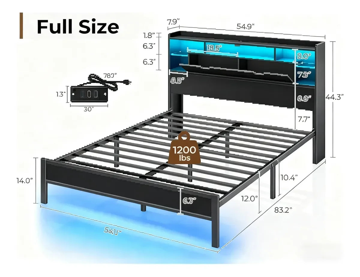 Estructura de cama LED, Mesita de Noche con Espacio de Almacenamiento y Carga Inalámbrica | Luz Nocturna y Base Multifuncional, 211 x 139 x 113 cm (Negro)