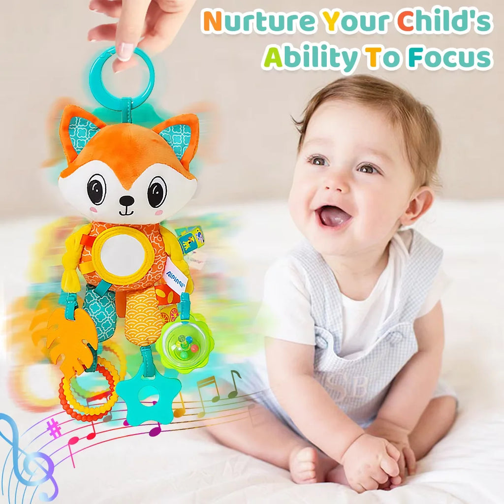 Cochecito de juguete de aprendizaje sensorial arrugado, colgante suave, asiento de coche, cuna, viaje, Animal de peluche, carillón de viento con mordedor para niños y niñas