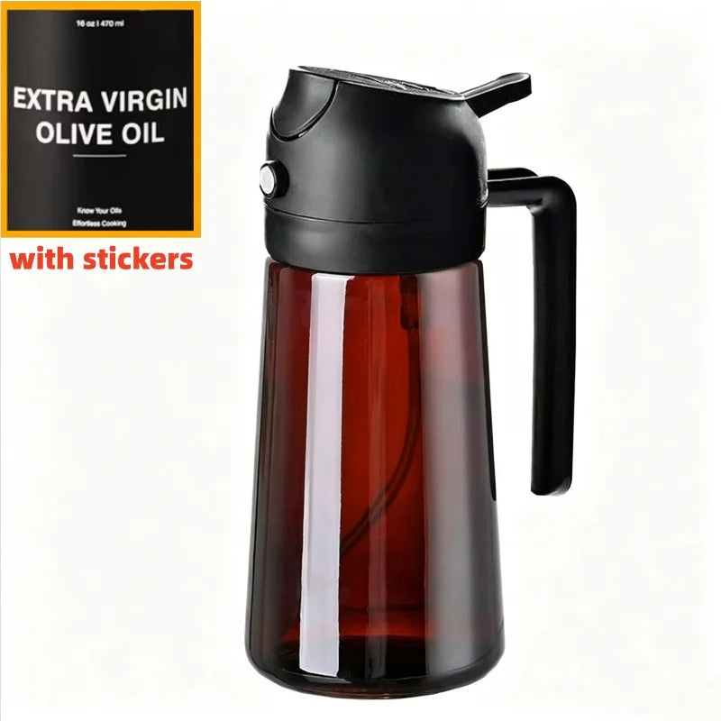 Dispensador y Rociador de Aceite de Vidrio 2 en 1, 16oz/470ml, Antiderrames, para Cocina, Freidora de Aire, Barbacoa, Repostería, Ensaladas - Botella Rociadora de Aceite de Oliva