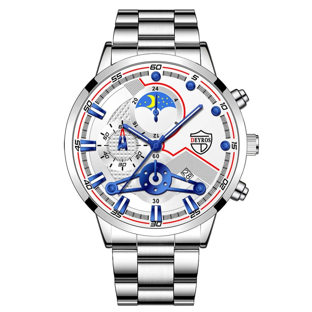 Reloj Hombre, relojes de negocios de lujo de 3 piezas para Hombre, Reloj deportivo de ocio con calendario completo para Hombre, Reloj de cuarzo de acero inoxidable para Hombre