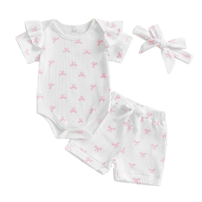 Conjuntos de verano para niña de 0 a 18 meses, pelele de manga corta con estampado de lazo, pantalones cortos de cintura elástica y diadema, conjunto de 3 uds.
