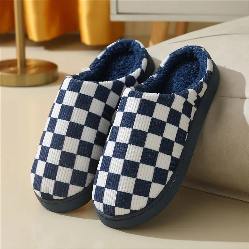 Zapatilla a cuadros para mujer, invierno cálido, hogar, dibujos animados Kawaii, Contton de felpa, interior, divertido, lindo, peludo, zapatos de suelo para casa, tablero de ajedrez femenino
