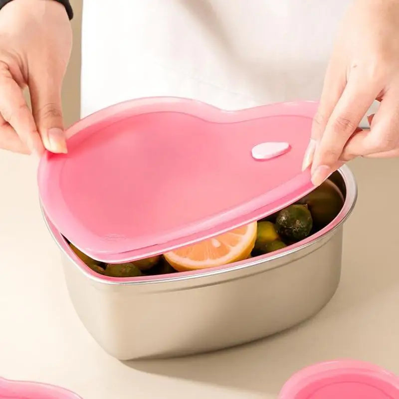 Organizadores de alimentos de cocina en forma de amor con tapas, caja de almacenamiento de acero inoxidable 410, accesorios de cocina a prueba de fugas de gran capacidad