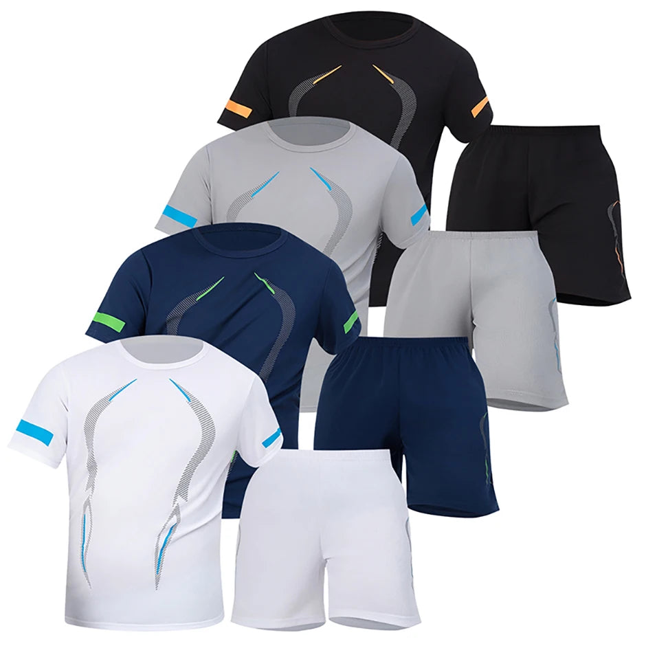 Conjunto de manga corta para hombre de las cuatro estaciones, camiseta estampada de secado rápido para deportes juveniles, Fitness, correr, cómodo e informal, 2 piezas