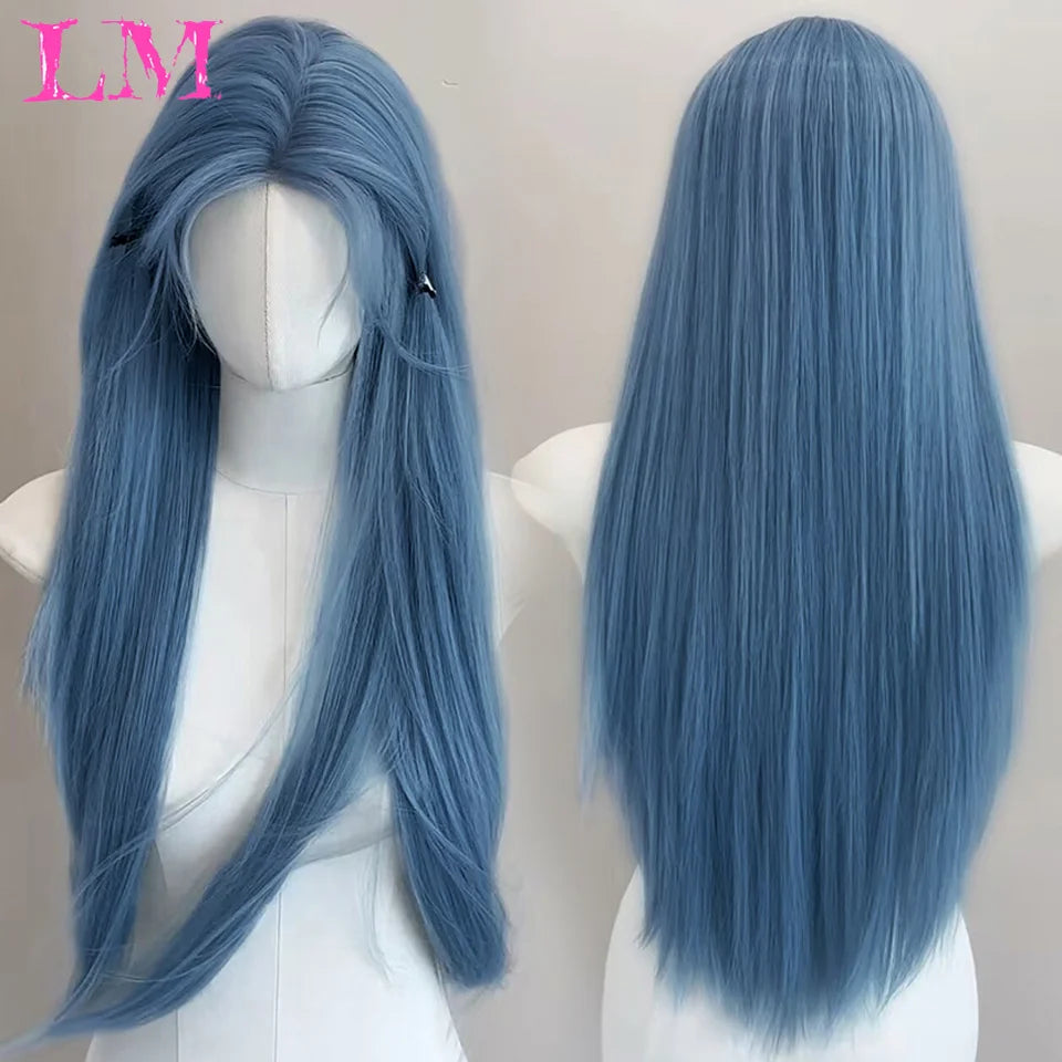 Pelucas sintéticas largas y rectas LM, color azul claro con reflejos de ceniza, peluca de Cosplay con flequillo para mujeres, pelo Natural, fibra resistente al calor
