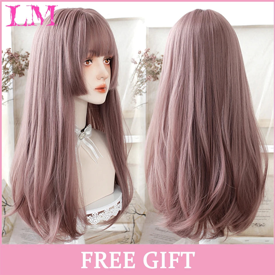 LM Rubio sintético Ombre mezclado rosa Rubio largo ondulado pelucas con flequillo Cosplay fiesta uso fibra resistente al calor para mujeres