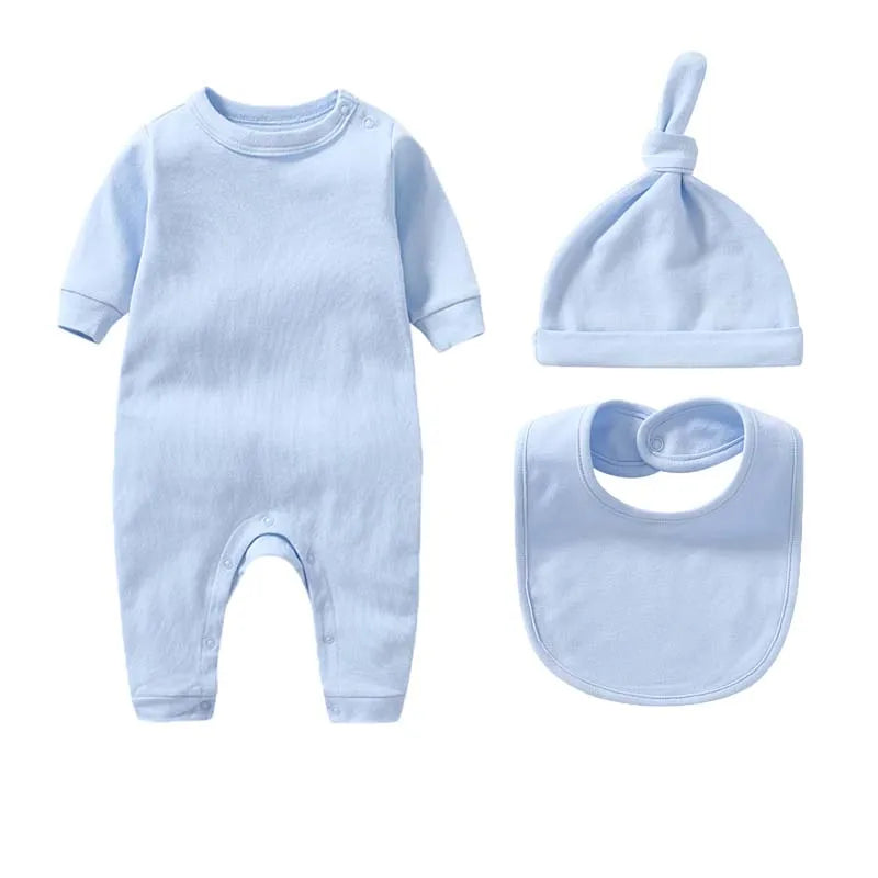 Conjuntos de 3 uds para bebé recién nacido, ropa para niño y niña de 0 a 3 meses, mono 100% de algodón, sombrero, babero, monos de manga larga de Color sólido, trajes infantiles