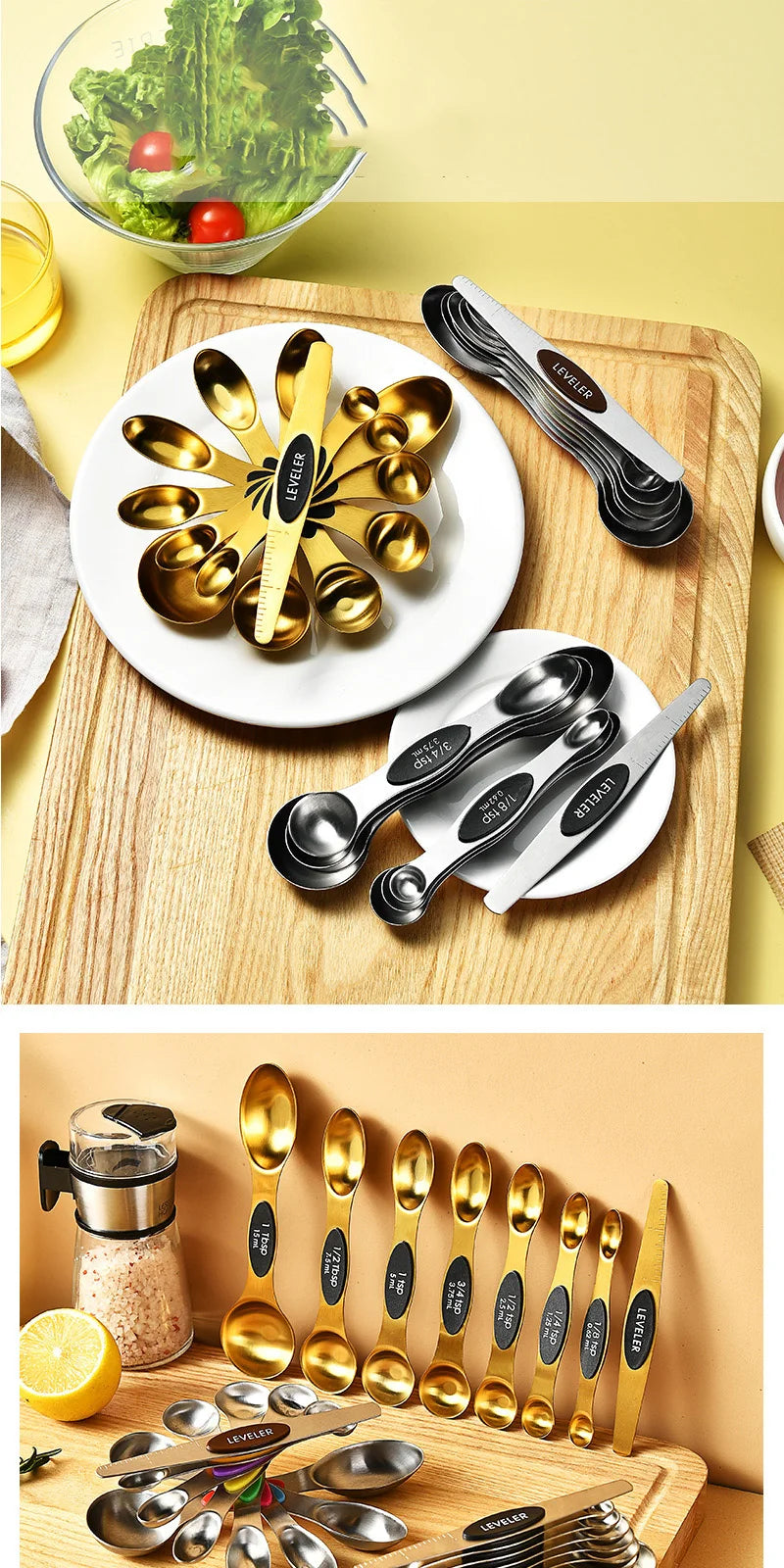 8 unids/set juego de cucharas medidoras magnéticas de acero inoxidable apilables cucharaditas de doble cara Metal preciso para latas de condimentos