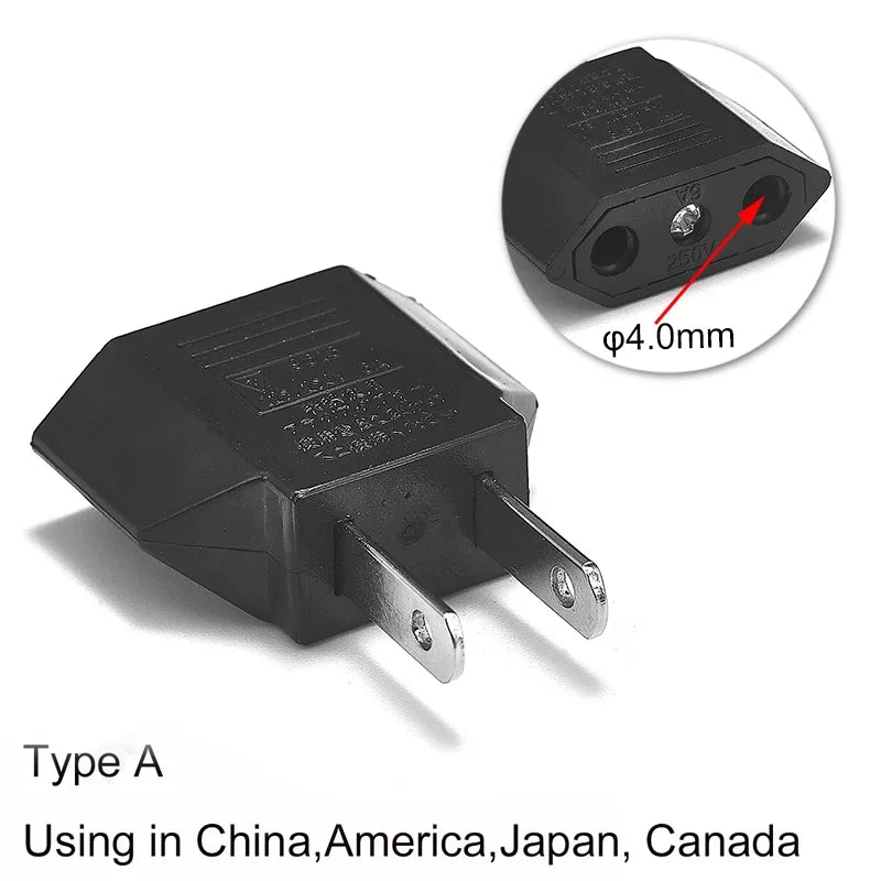 Adaptador de enchufe eléctrico estadounidense, europeo, UE a EE. UU., América, China, CN, Canadá, CA, adaptador de viaje, enchufe de 2 pines, convertidor tipo A, adaptador de corriente