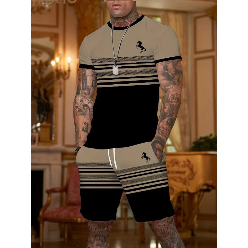 Conjunto informal de dos piezas con estampado 3D a rayas para hombre, camiseta de manga corta y pantalones cortos, conjunto para deportes al aire libre diarios de tela de poliéster