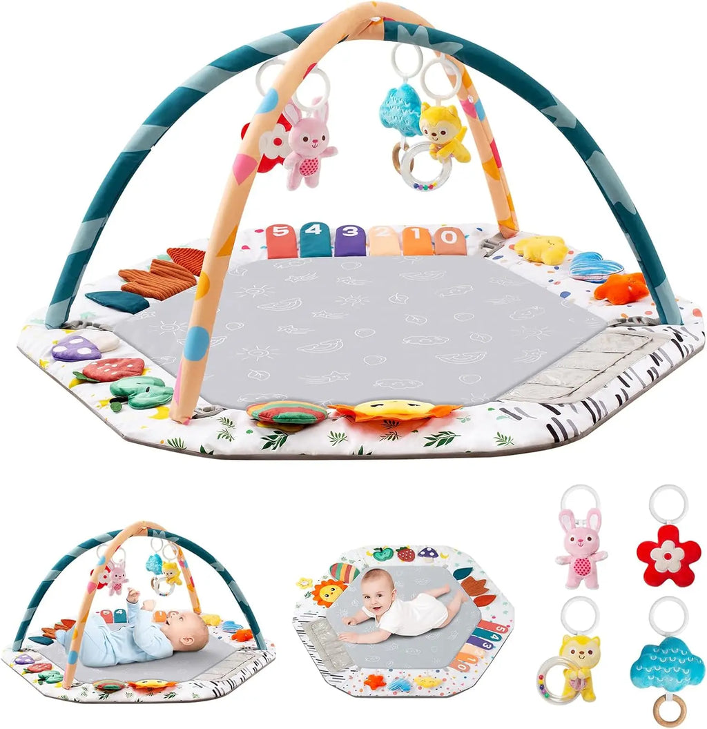 Alfombra de Juego para Bebés con 6 Zonas de Desarrollo, Tapete de Actividades para Estimulación del Desarrollo Motor con 4 Juguetes Sensoriales Desmontables