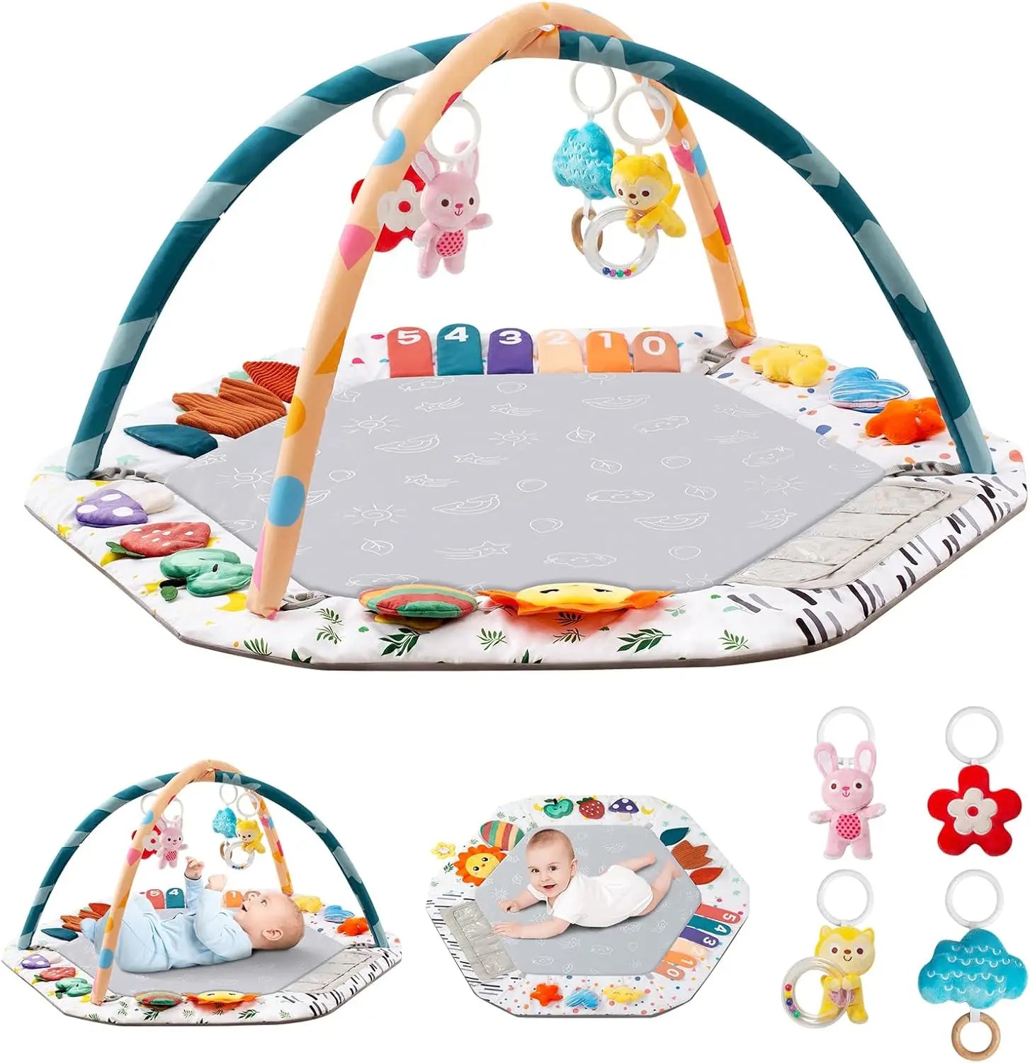 Alfombra de Juego para Bebés con 6 Zonas de Desarrollo, Tapete de Actividades para Estimulación del Desarrollo Motor con 4 Juguetes Sensoriales Desmontables