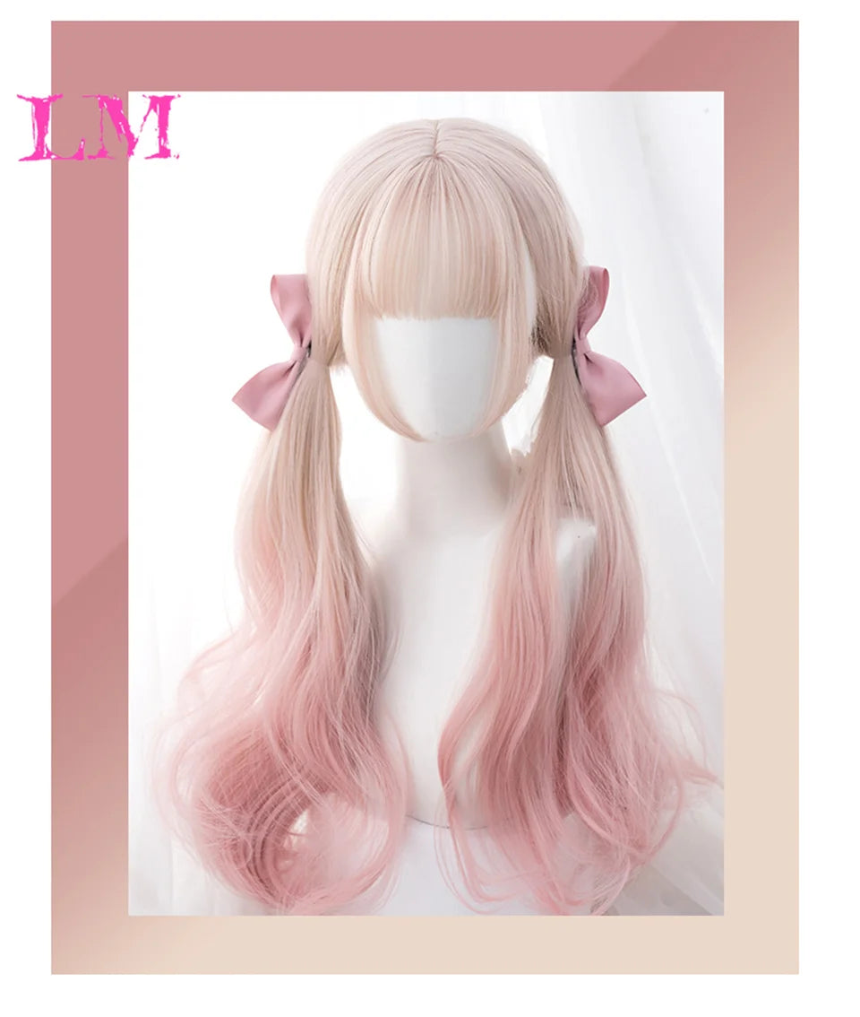 LM Rubio sintético Ombre mezclado rosa Rubio largo ondulado pelucas con flequillo Cosplay fiesta uso fibra resistente al calor para mujeres
