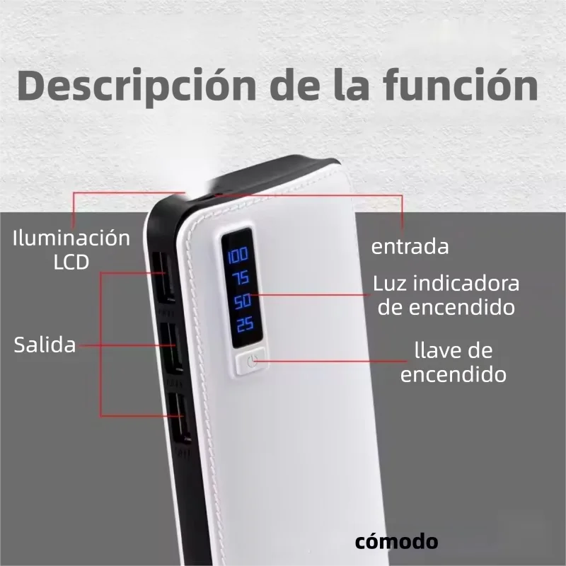 Batería portátil de 10000 mAh con textura de piel, 3 puertos USB y linterna. Disponible en varios colores.