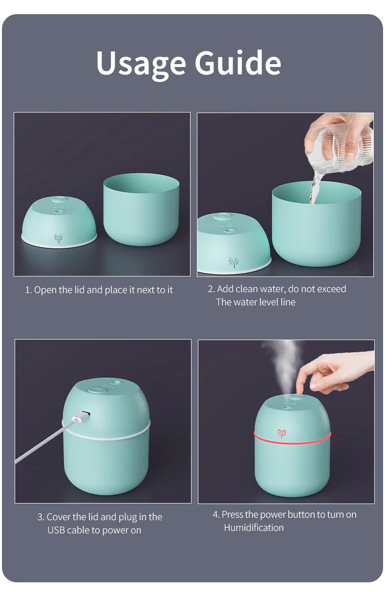 Humidificador de aire de 220ML, difusor de aroma de niebla fría, luz LED nocturna, protección contra apagado, Humidificador USB para el hogar y la Oficina