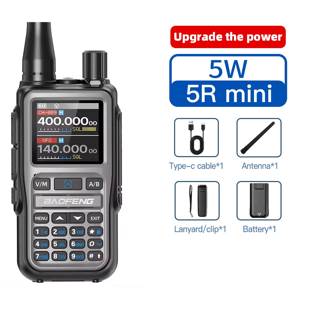 Baofeng UV 5RMINI Walkie Talkie de lectura de frecuencia inalámbrica AM de largo alcance cargador multibanda tipo C Radioaficionado 1 ud.