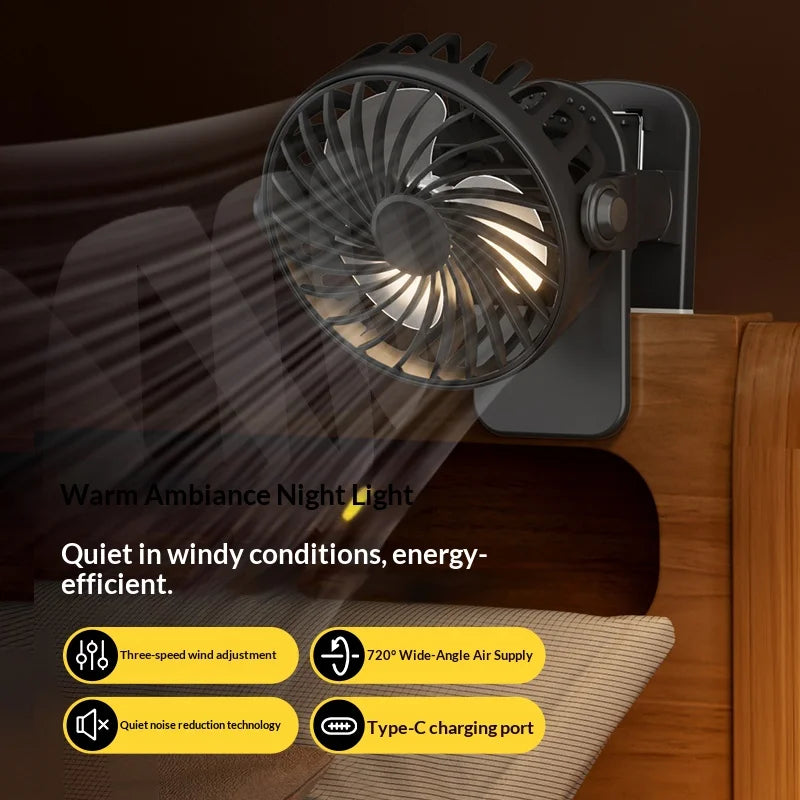 Ventilador Portátil Recargable con Clip HOMEFISH 720 °   Ventilador Colgante Giratorio con Luz Nocturna, Enfriador de Aire para Acampar al Aire Libre