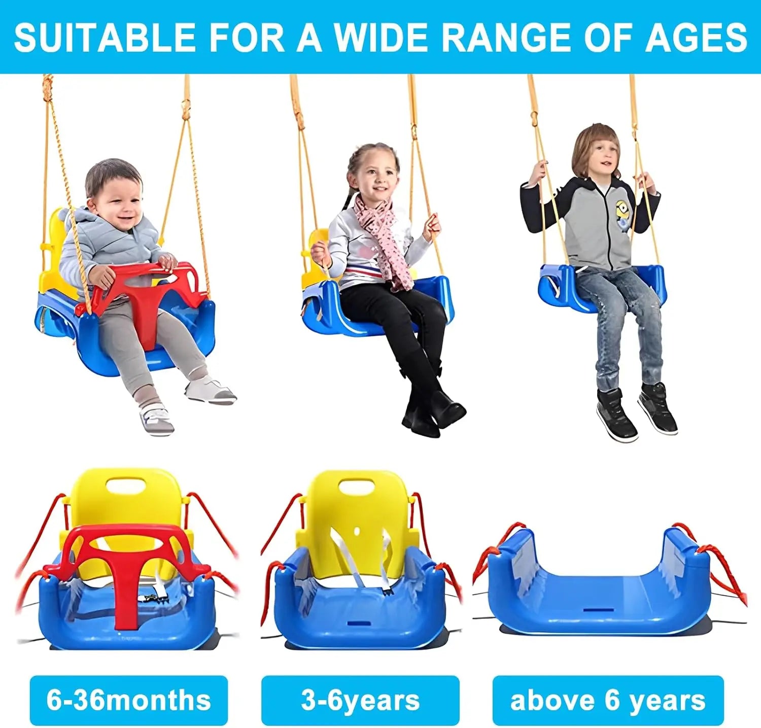 Asiento de columpio para bebé 3 en 1, columpio para niños pequeños, antideslizante y desmontable seguro para bebés y adolescentes, asiento de columpio para patio de juegos exterior