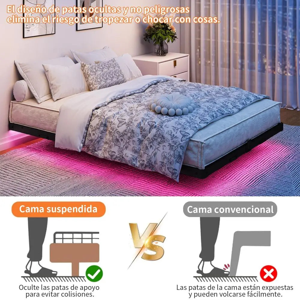 ESPACIO Base de Cama Matrimonial Flotante, Base de Cama LED con Estación de Carga, con Láminas de Acero de Alta Resistencia, No Requiere