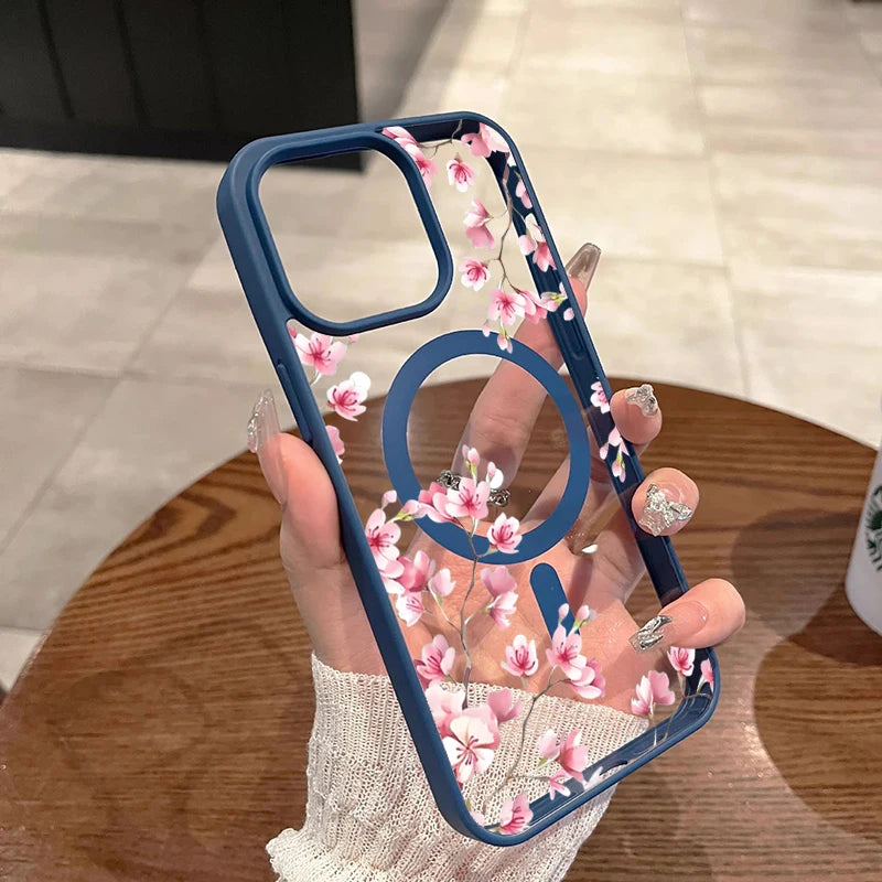 Funda de teléfono magnética con diseño de fondo Floral elegante de cereza rosa para iPhone 17 16 15 14 13 12 Pro Max 11 16 Plus 16E 17Air