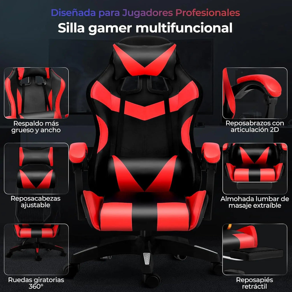 Silla de Oficina Ergonómica para Juegos y Deportes Electrónicos con Masajeador Lumbar, Reposapiés, Luces LED RGB, Silla Giratoria para Computadora con Control Remoto