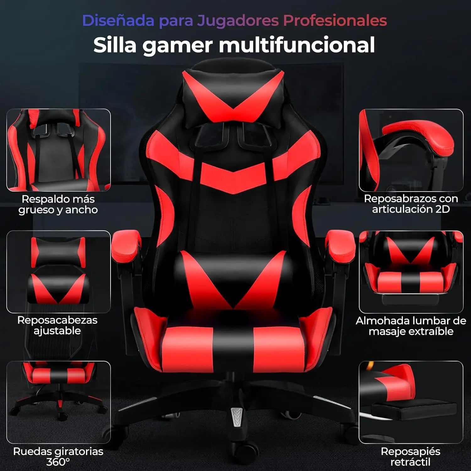 Silla de Oficina Ergonómica para Juegos y Deportes Electrónicos con Masajeador Lumbar, Reposapiés, Luces LED RGB, Silla Giratoria para Computadora con Control Remoto