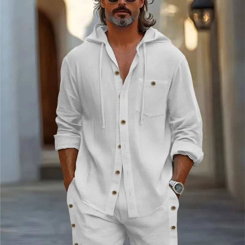 2025 Traje informal de lino y algodón hawaiano para hombre, novedad de verano, camisa informal de manga larga con capucha de color sólido y pantalones cortos, conjunto de 2 piezas
