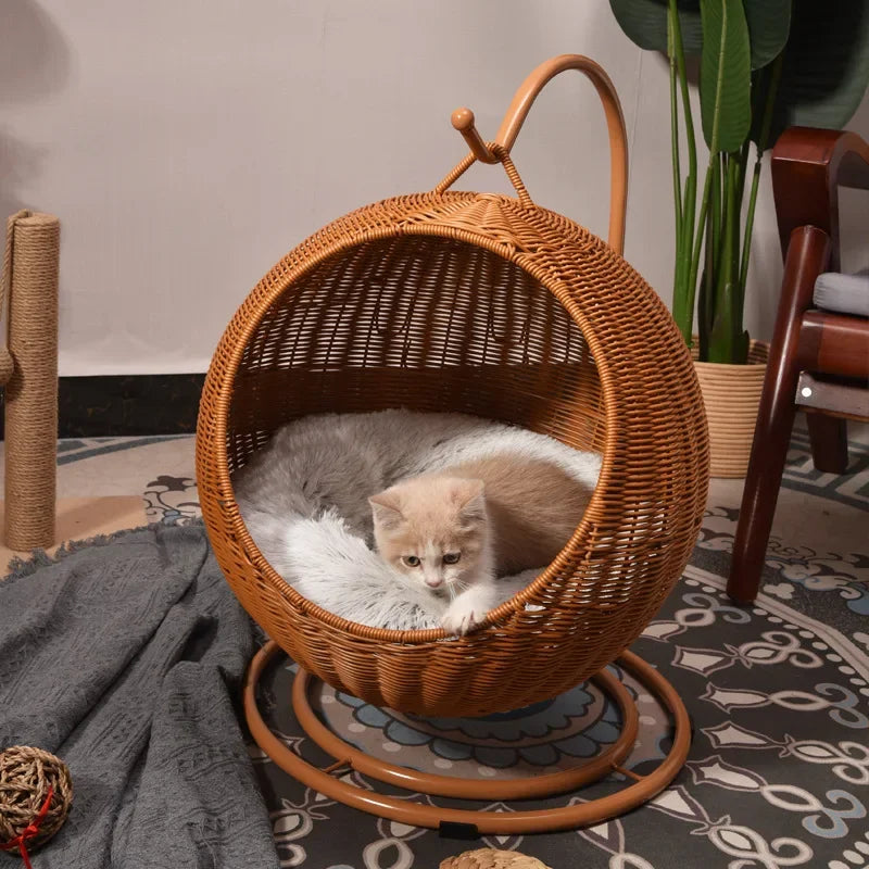 Hamaca semicerrada para mascotas, jaula redonda colgante para gatos, cesta de ratán para verano