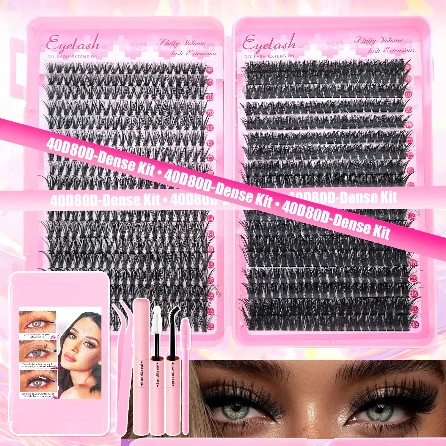 Kit de extensión de pestañas DIY, grupos de pestañas individuales de 9-16mm con unión y sello, pestañas naturales tenues