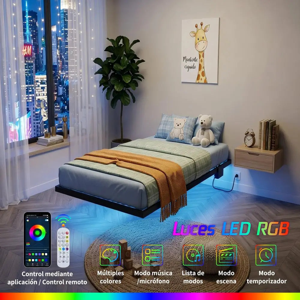 Cama Individual Flotante, Plataforma Metálica Resistente de 1500 lb con Luz LED y Estación de Carga, con Láminas de Acero de Alta Resistencia