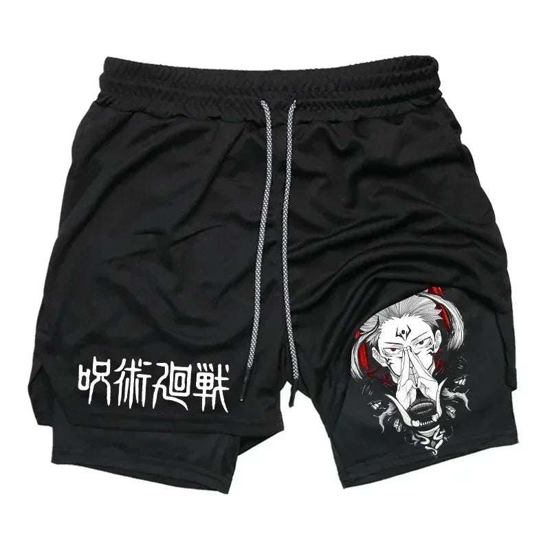 Pantalones cortos deportivos para hombre Jujutsu Kaisen Anime Graphic 2 en 1 pantalones cortos de compresión para hombre pantalones cortos de rendimiento de gimnasio de secado rápido atléticos