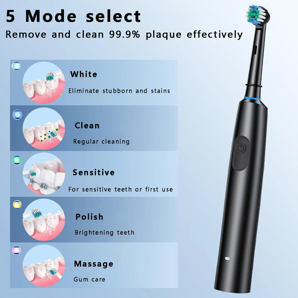 Cepillo de dientes eléctrico giratorio para limpieza profunda y blanqueamiento de dientes para adultos, cepillo de dientes recargable con cabezales de repuesto de 4/8 piezas