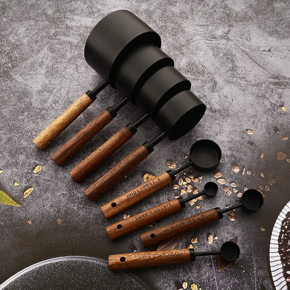 Mango de madera dorado, tazas medidoras de acero inoxidable, cucharas, herramientas para hornear, juego de cucharas medidoras de café, accesorios de báscula para barman